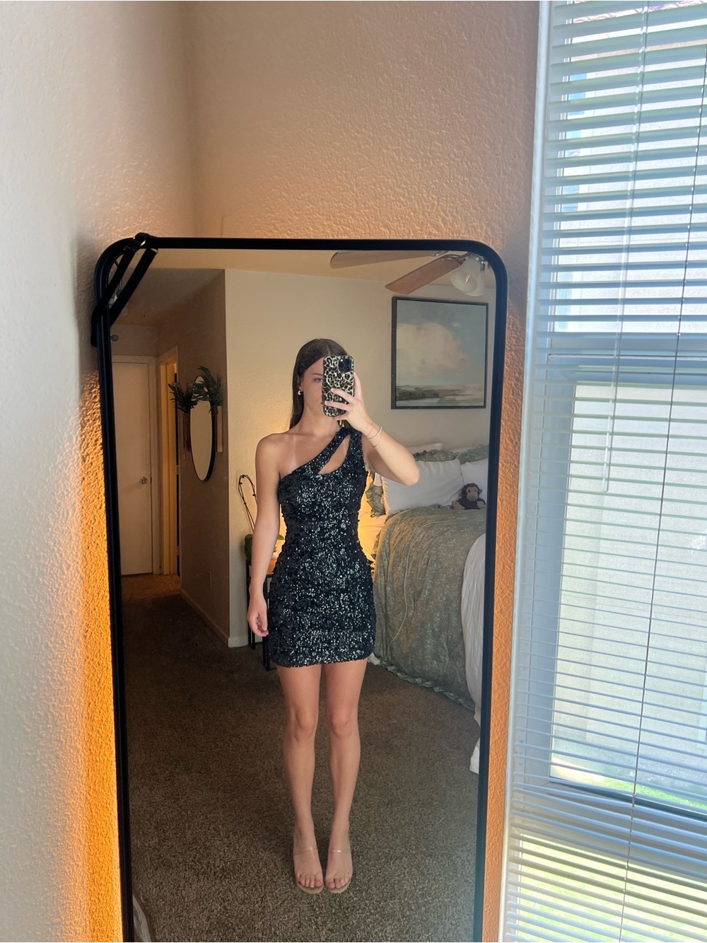 Sherri Hill Black One-Shoulder Sequin Mini Dress - Picture 1 of 5